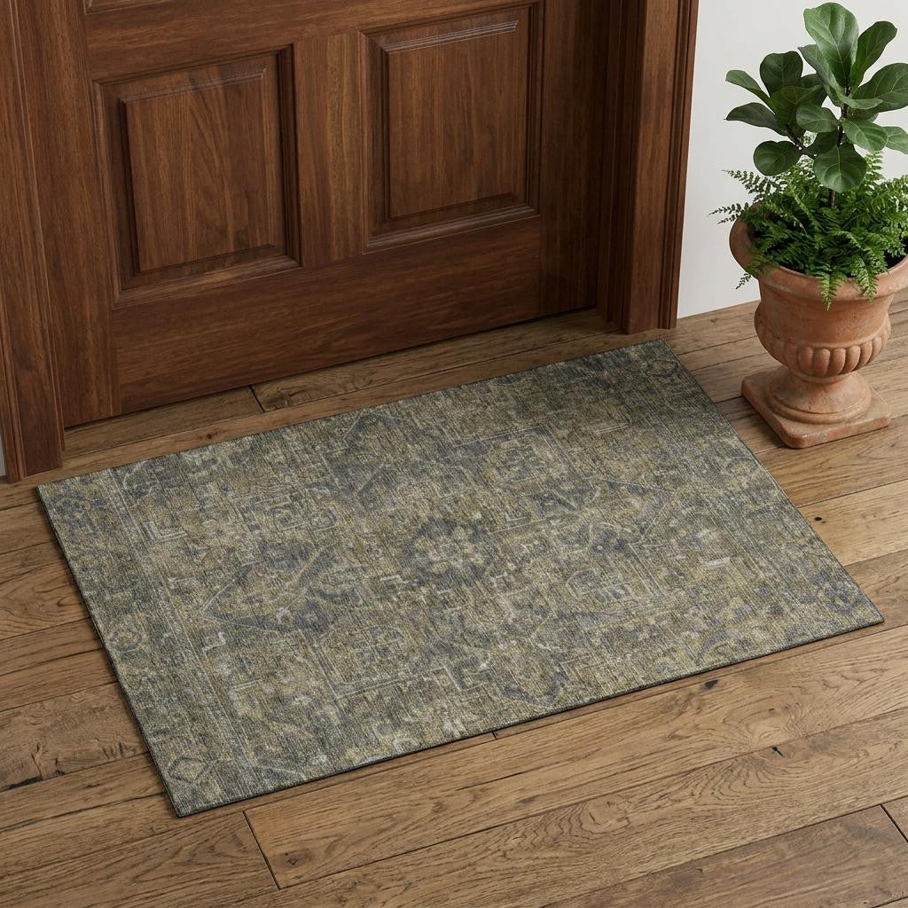 3 X 5 Chocolate And Gray Medallion Distressed Washable Area Rug With UV Protection