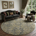 8 Chocolate And Gray Medallion Distressed Washable Round Rug With UV Protection