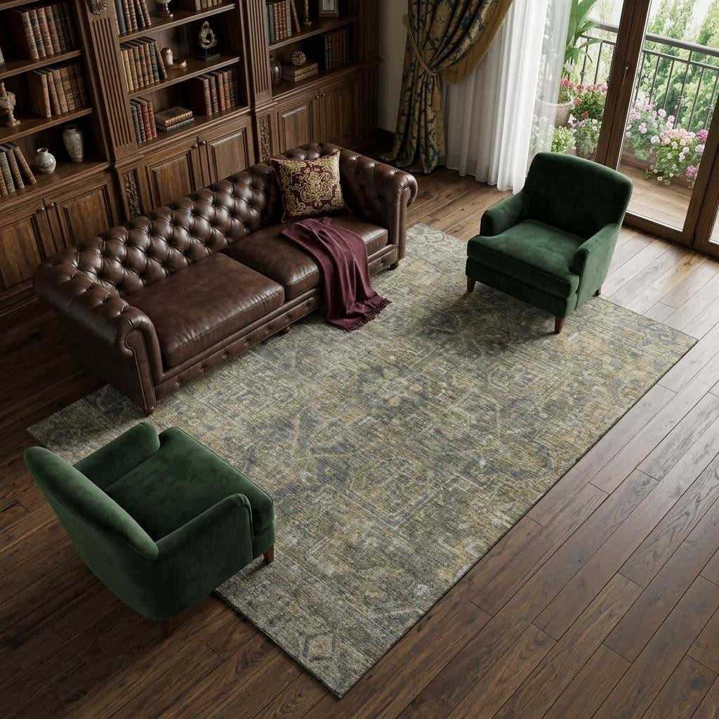 9 X 12 Chocolate And Gray Medallion Distressed Washable Area Rug With UV Protection