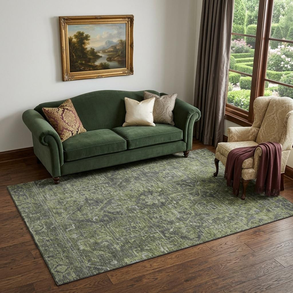 5 X 8 Green And Gray Medallion Distressed Washable Area Rug With UV Protection