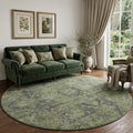 8 Green And Gray Medallion Distressed Washable Round Rug With UV Protection