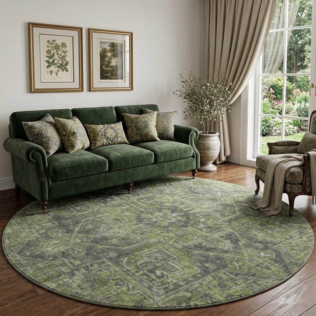 8 Green And Gray Medallion Distressed Washable Round Rug With UV Protection