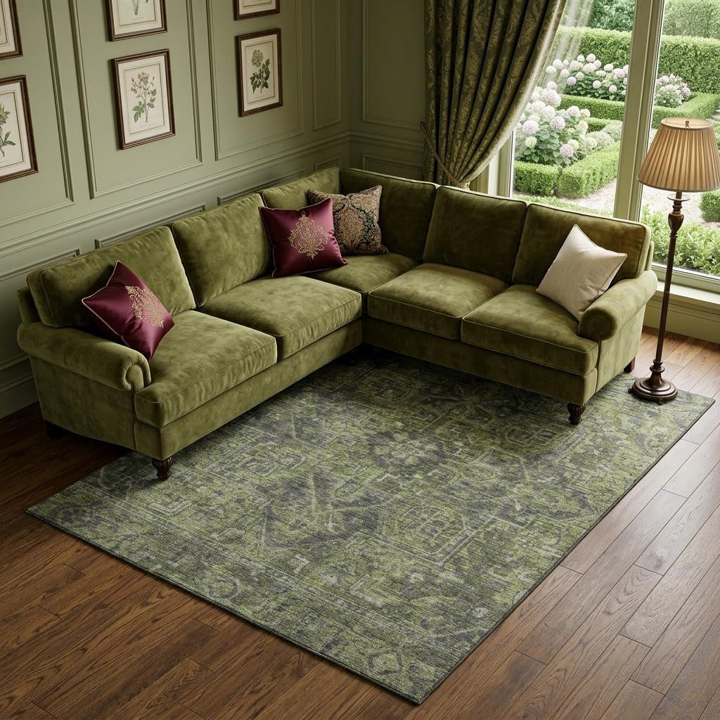 8 X 10 Green And Gray Medallion Distressed Washable Area Rug With UV Protection