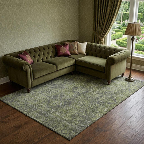 10 X 14 Green And Gray Medallion Distressed Washable Area Rug With UV Protection