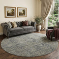 8 Coffee And Gray Medallion Distressed Washable Round Rug With UV Protection