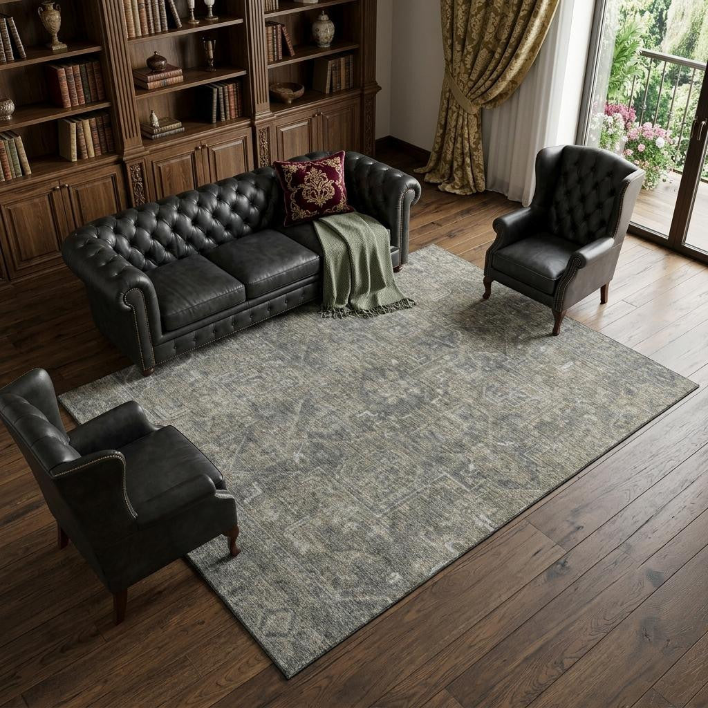 8 X 10 Coffee And Gray Medallion Distressed Washable Area Rug With UV Protection