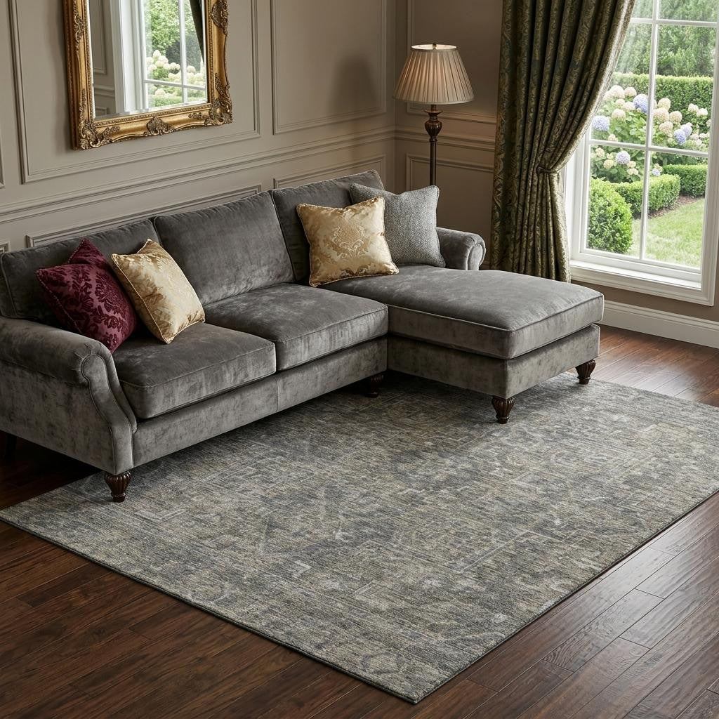 9 X 12 Coffee And Gray Medallion Distressed Washable Area Rug With UV Protection