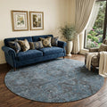 8 Navy Blue And Gray Medallion Distressed Washable Round Rug With UV Protection
