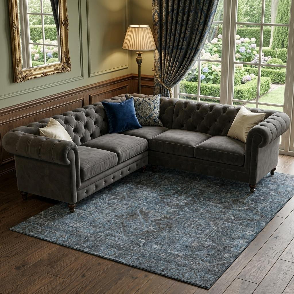8 X 10 Navy Blue And Gray Medallion Distressed Washable Area Rug With UV Protection