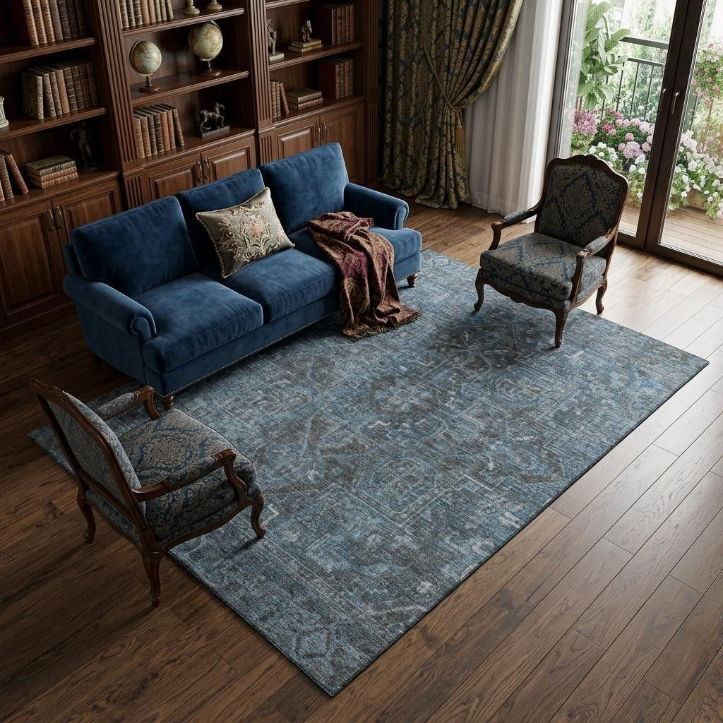 9 X 12 Navy Blue And Gray Medallion Distressed Washable Area Rug With UV Protection