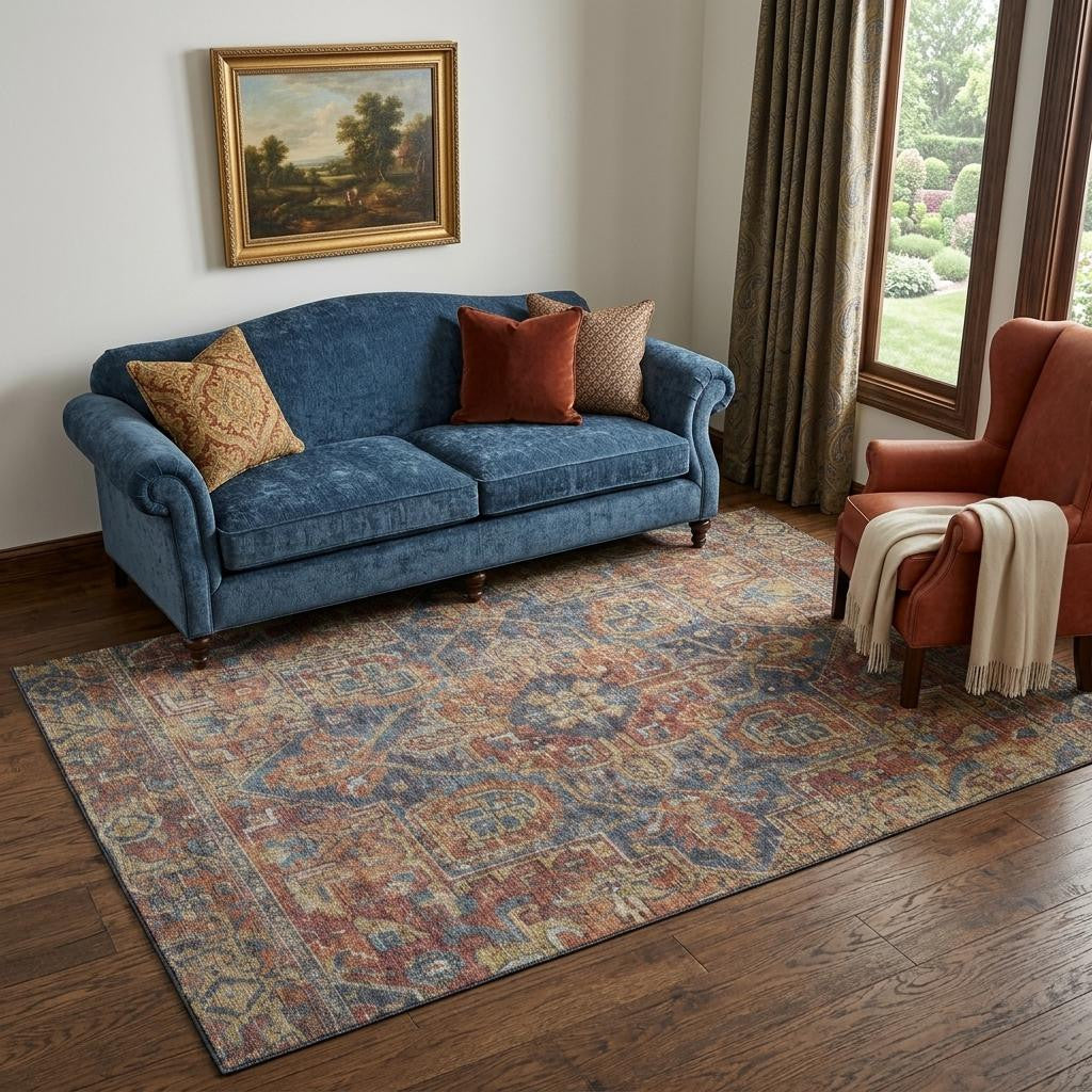5 X 8 Red And Blue Medallion Distressed Washable Area Rug With UV Protection