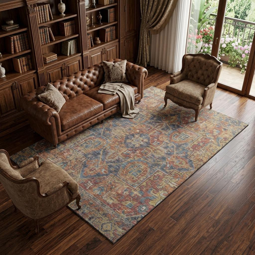 9 X 12 Red And Blue Medallion Distressed Washable Area Rug With UV Protection