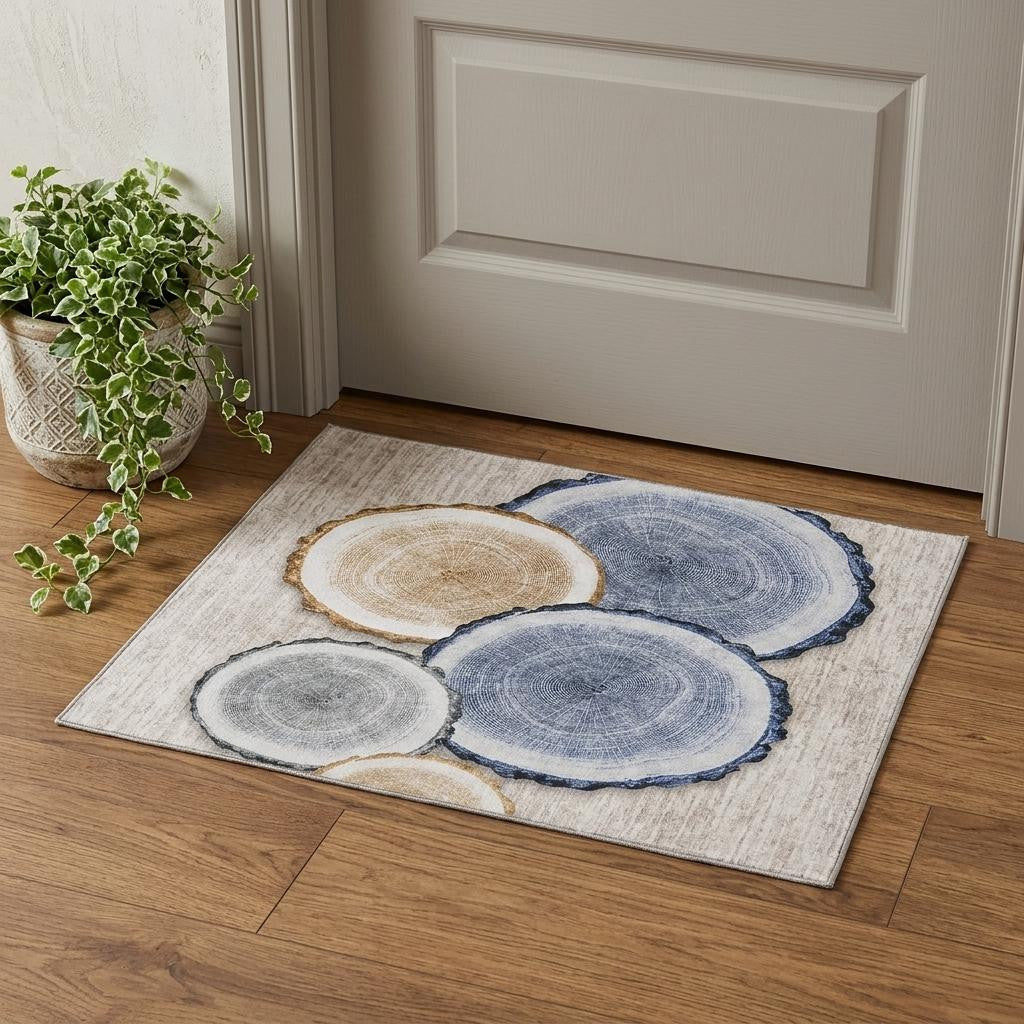 3 X 5 Beige Blue And Ivory Faux Bois Washable Area Rug With UV Protection