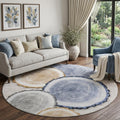 8 Beige Blue And Ivory Woodland Lodge Washable Round Rug With UV Protection