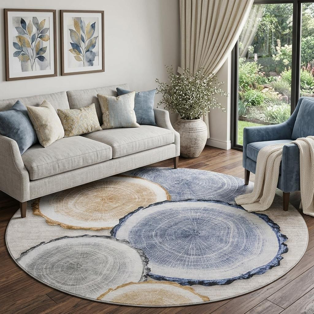 8 Beige Blue And Ivory Woodland Lodge Washable Round Rug With UV Protection