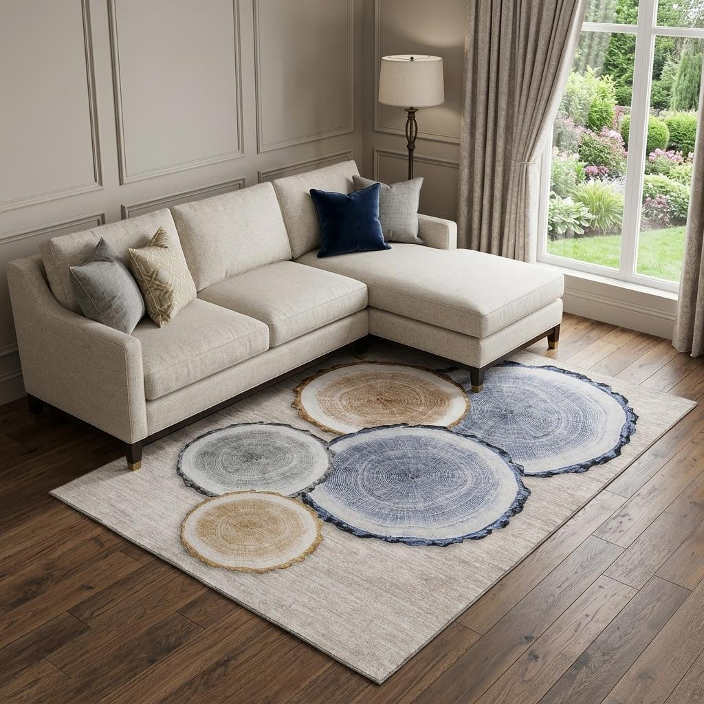 8 X 10 Beige Blue And Ivory Faux Bois Washable Area Rug With UV Protection