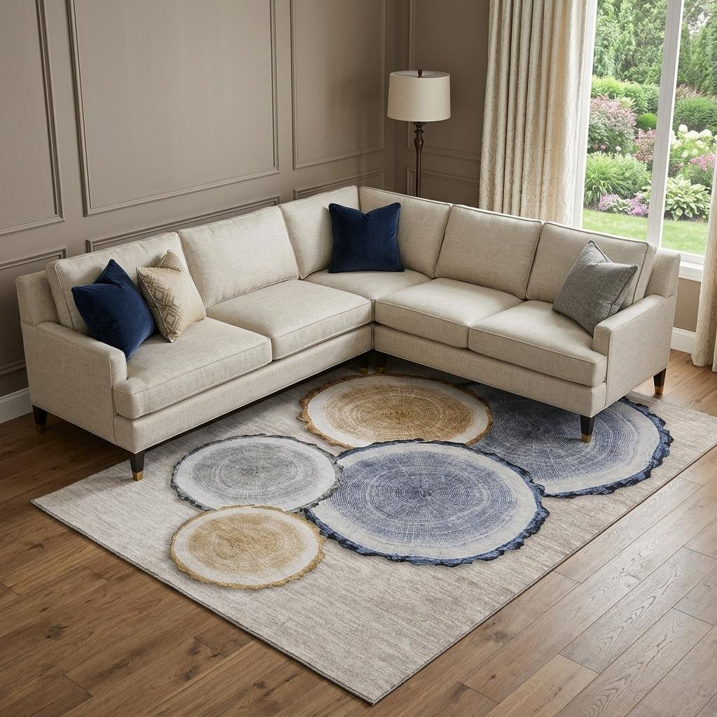 9 X 12 Beige Blue And Ivory Woodland Lodge Washable Area Rug With UV Protection