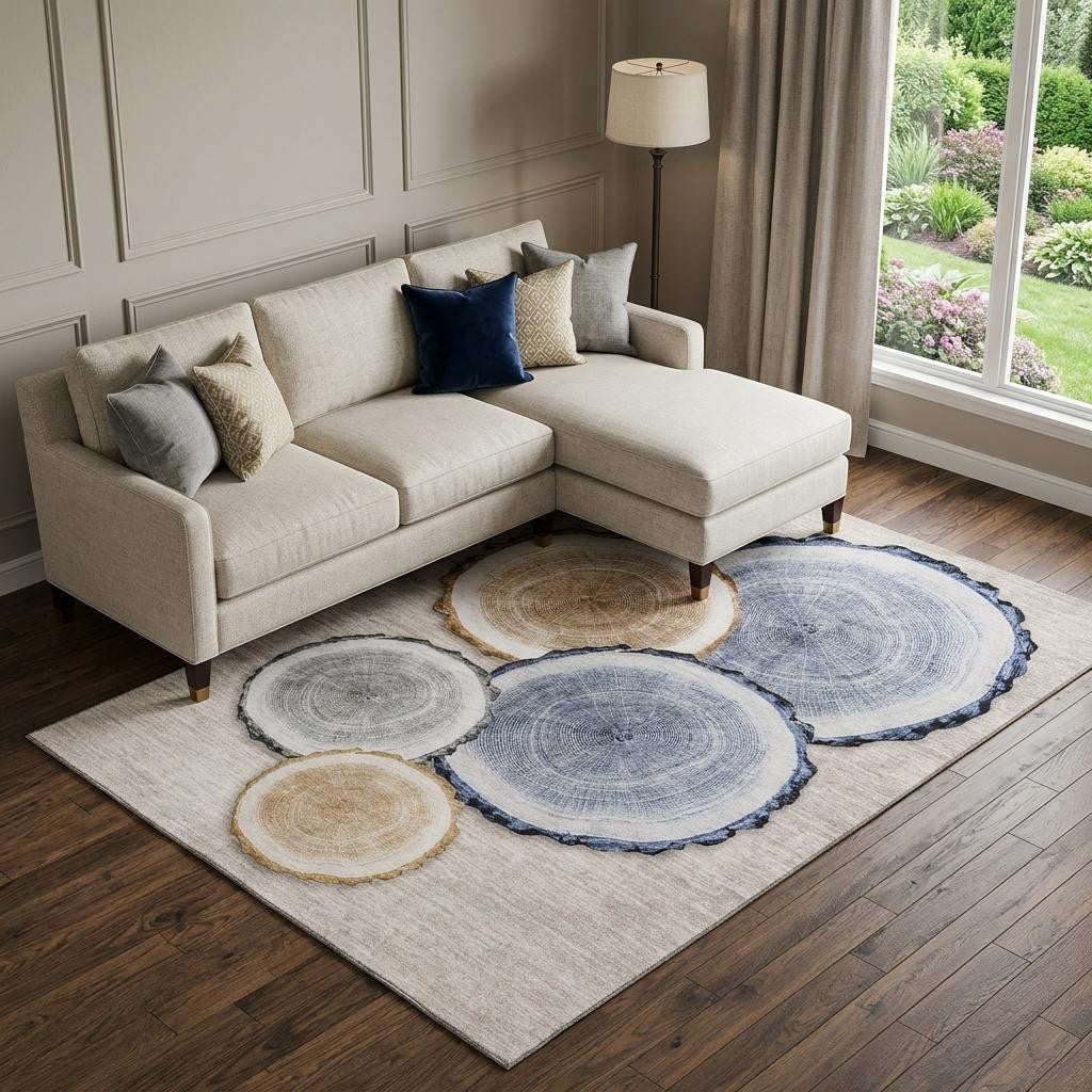 10 X 14 Beige Blue And Ivory Faux Bois Washable Area Rug With UV Protection