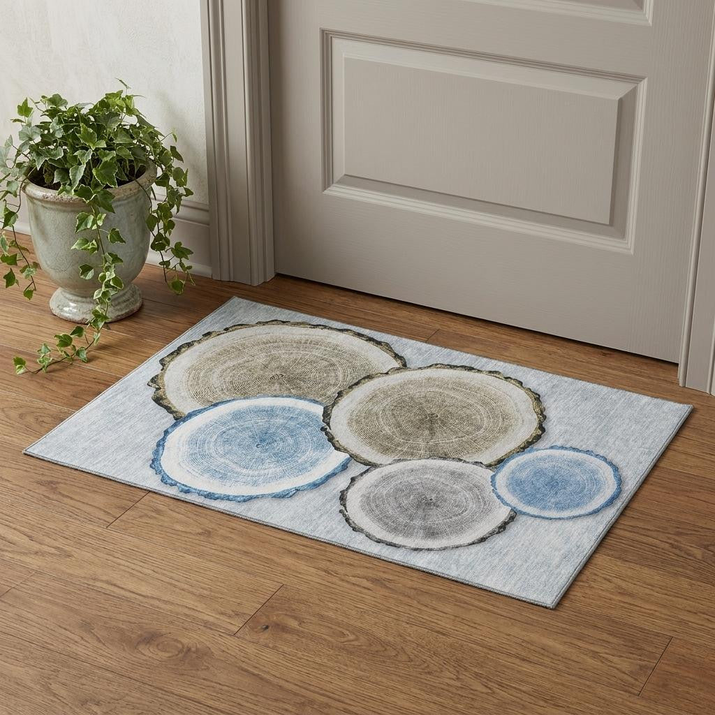 3 X 5 Blue Brown And Ivory Faux Bois Washable Area Rug With UV Protection