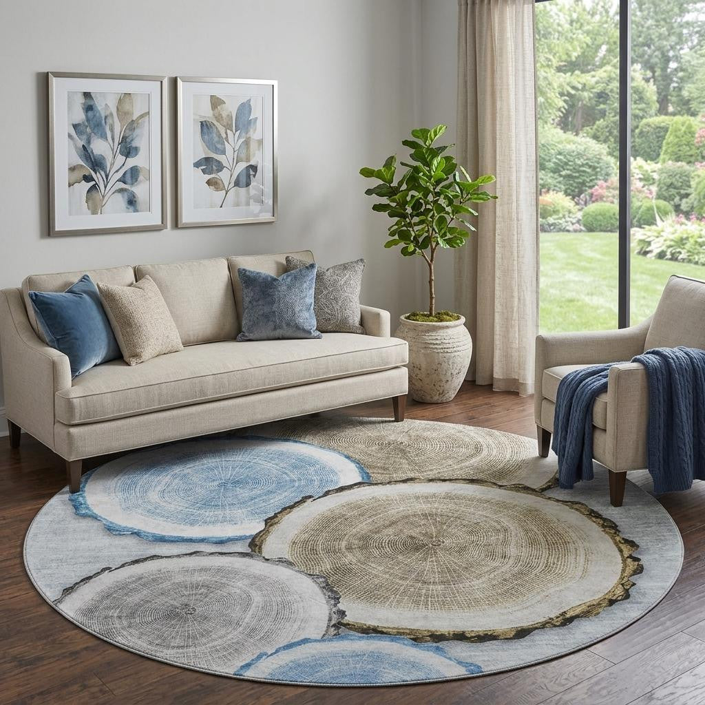 8 Blue Brown And Ivory Faux Bois Washable Round Rug With UV Protection