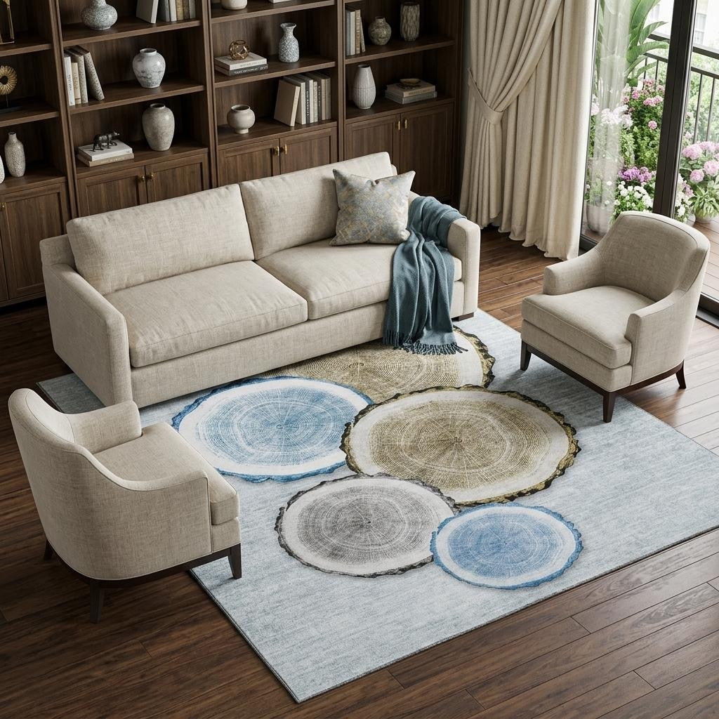 9 X 12 Blue Brown And Ivory Faux Bois Washable Area Rug With UV Protection