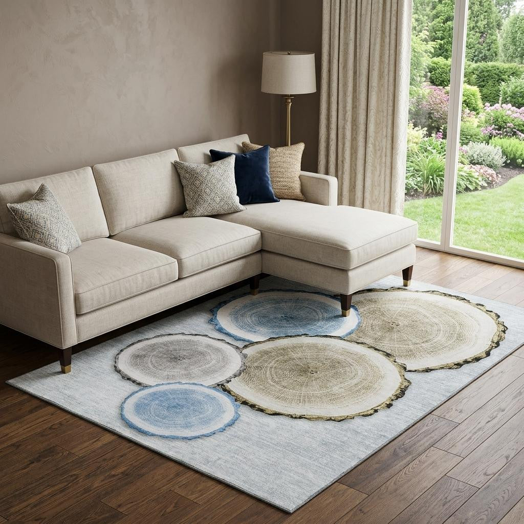 10 X 14 Blue Brown And Ivory Faux Bois Washable Area Rug With UV Protection