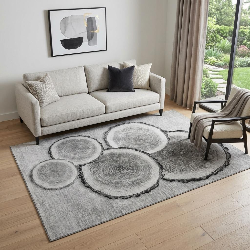 5 X 8 Gray And Ivory Faux Bois Washable Area Rug With UV Protection