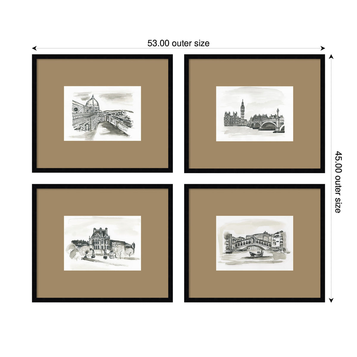 Vintage Europe 4 Piece Framed Wall Art Print Set by Teju Reval Brown Mat
