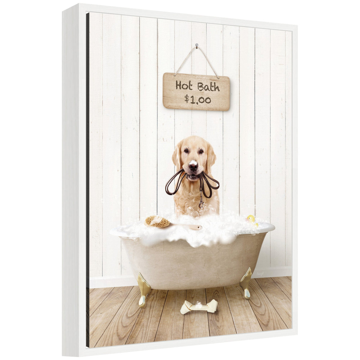 Sylvie Golden Retriever in Hot Bath Framed Canvas by Amy Peterson