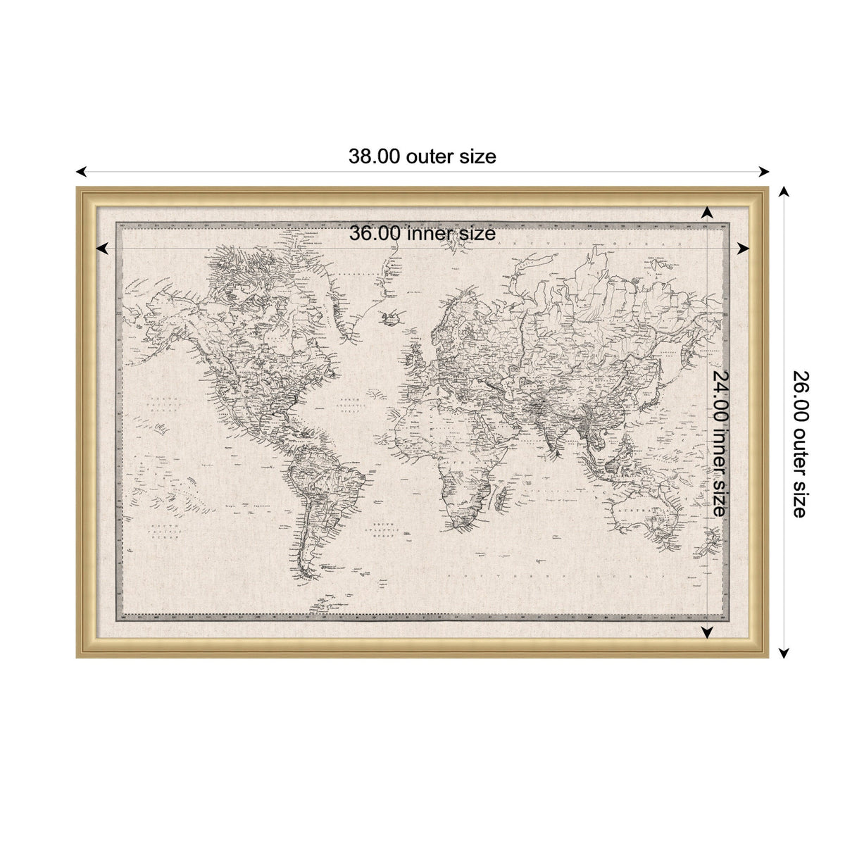 Framed Fabric Pinboard Vintage Black and White Linen World Map Wall Organization