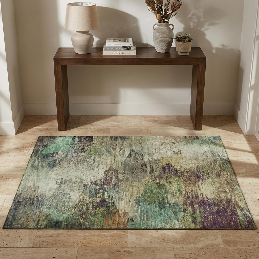 3 X 5 Beige Teal And Olive Green Abstract Washable Area Rug With UV Protection