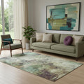 5 X 8 Beige Teal And Olive Green Abstract Washable Area Rug With UV Protection
