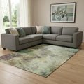 8 X 10 Beige Teal And Olive Green Abstract Washable Area Rug With UV Protection