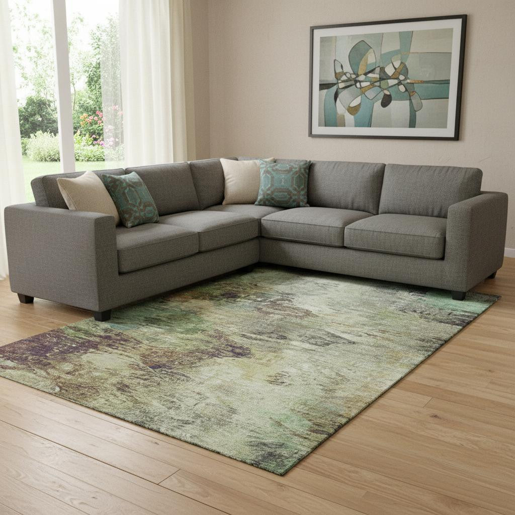 8 X 10 Beige Teal And Olive Green Abstract Washable Area Rug With UV Protection