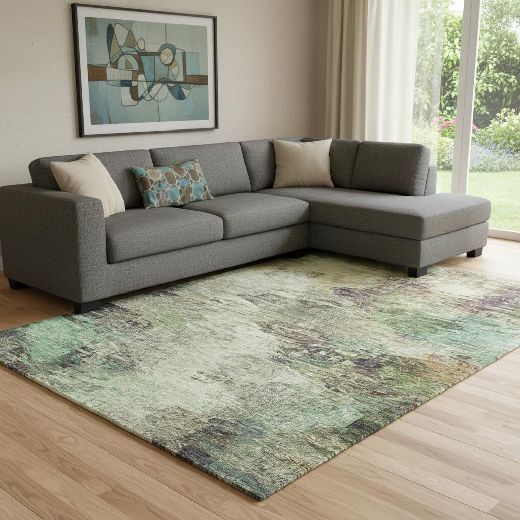 9 X 12 Beige Teal And Olive Green Abstract Washable Area Rug With UV Protection