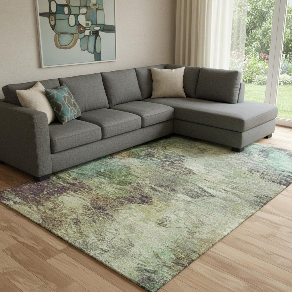 10 X 14 Beige Teal And Olive Green Abstract Washable Area Rug With UV Protection