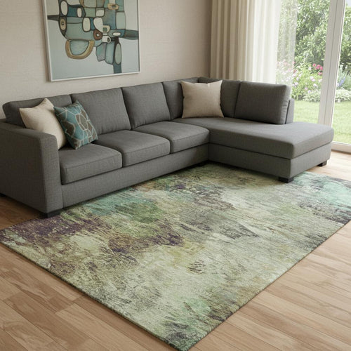 10 X 14 Beige Teal And Olive Green Abstract Washable Area Rug With UV Protection