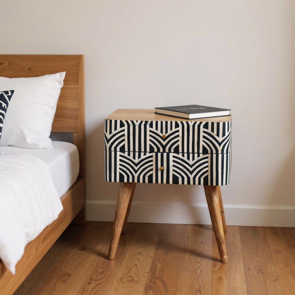 23 Black Ivory And Light Brown Solid Wood Geometric Bone Inlay Two Drawer Nightstand