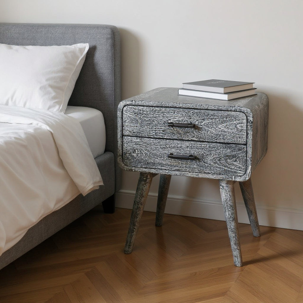 22 Gray Solid Wood Distressed Two Drawer Nightstand