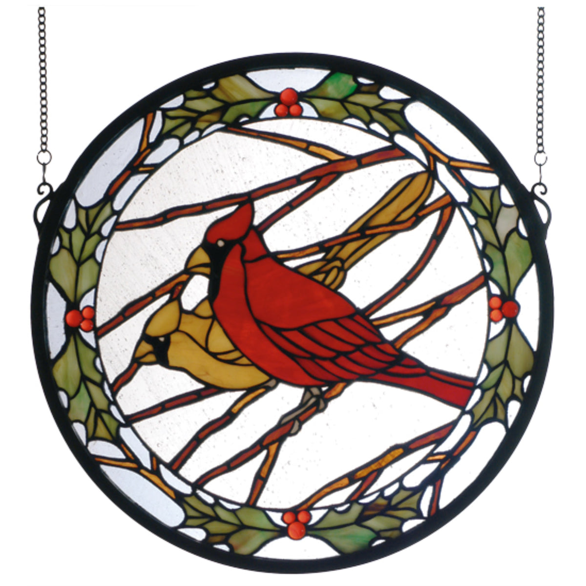 15 Inch W X 15 Inch H Cardinals & Holly Stained Glass Window