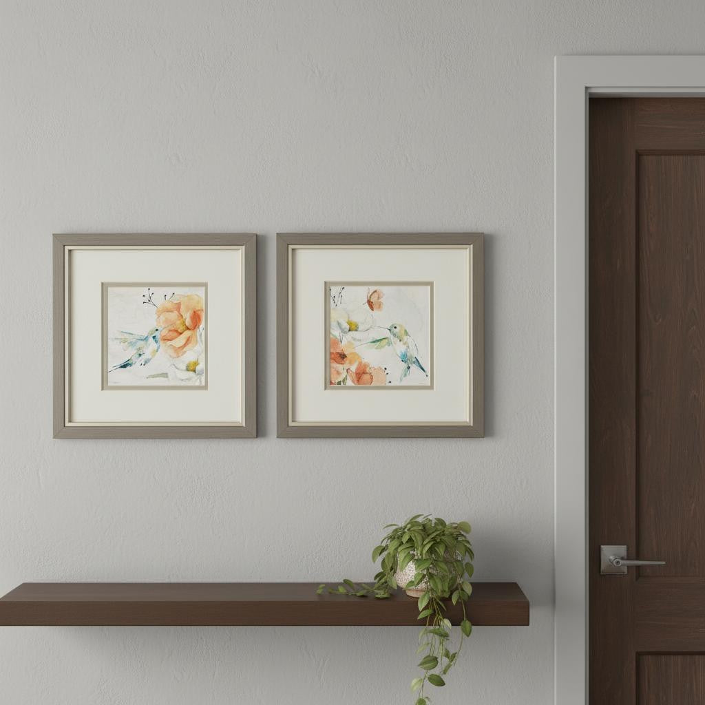 Set Of Two Floral Hummingbird Silver Framed Wall Art