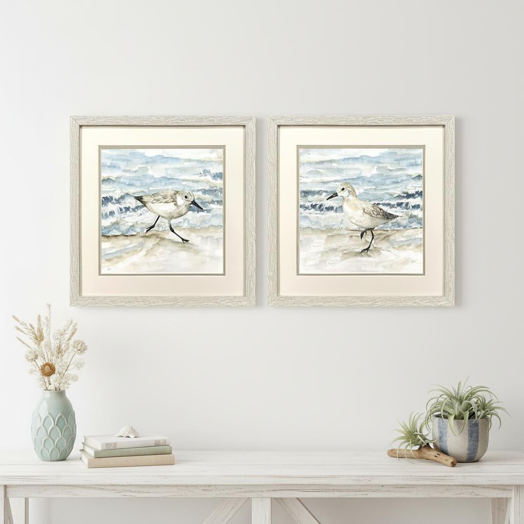 Set Of Two Beach Sandpipers Distressed White Framed Wall Art