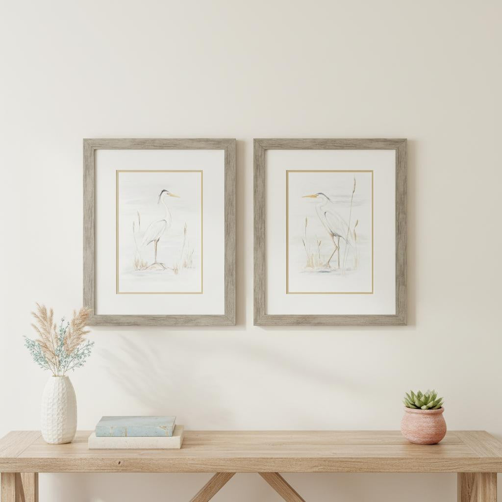 Set Of Two Heron Stance Brown Framed Wall Art