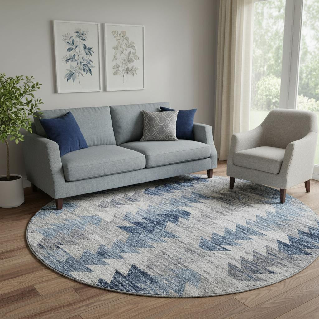 8 Blue Ivory And Gray Geometric Washable Round Rug With UV Protection