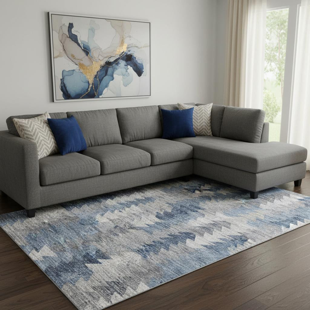 8 X 10 Blue Ivory And Gray Geometric Washable Area Rug With UV Protection
