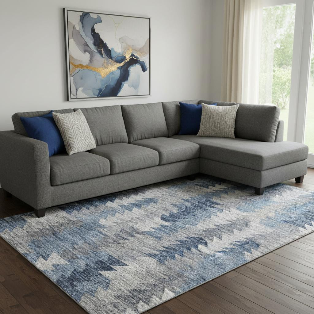 9 X 12 Blue Ivory And Gray Geometric Washable Area Rug With UV Protection