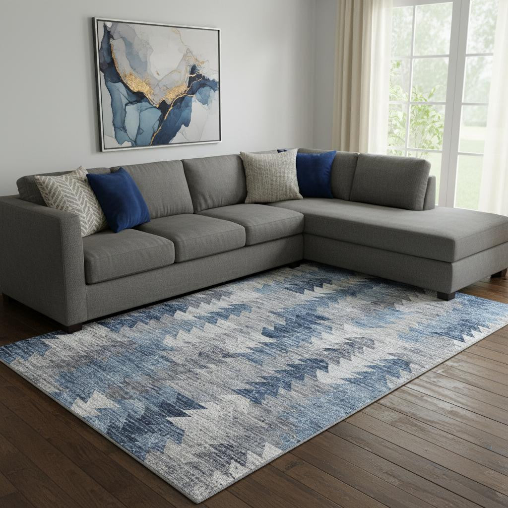 10 X 14 Blue Ivory And Gray Geometric Washable Area Rug With UV Protection