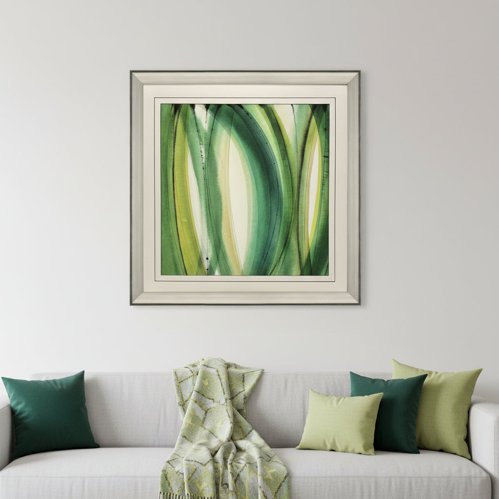 Modern Abstract Green Leaves Silver Framed Wall Art