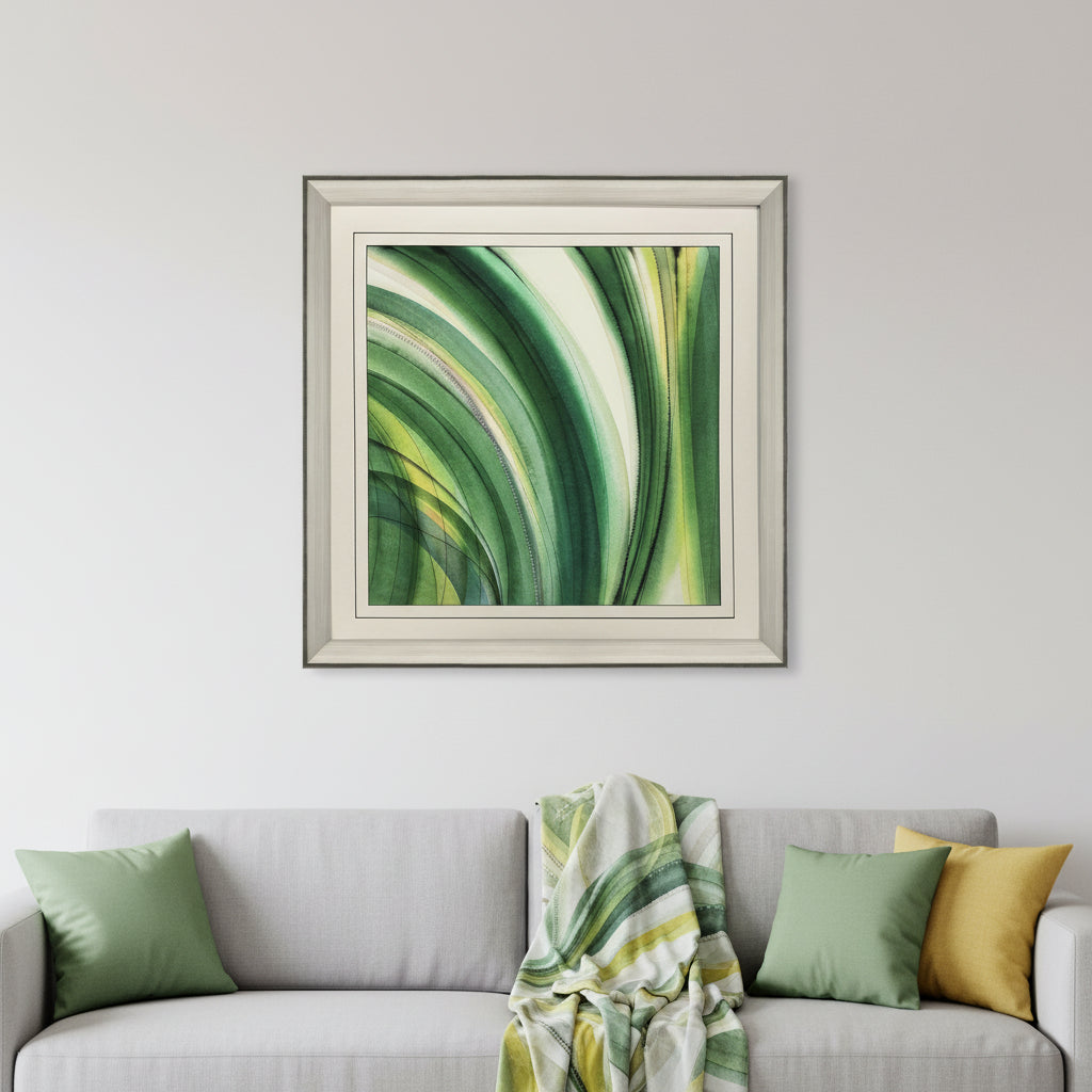 Modern Abstract Green Curvy Leaves Silver Framed Wall Art