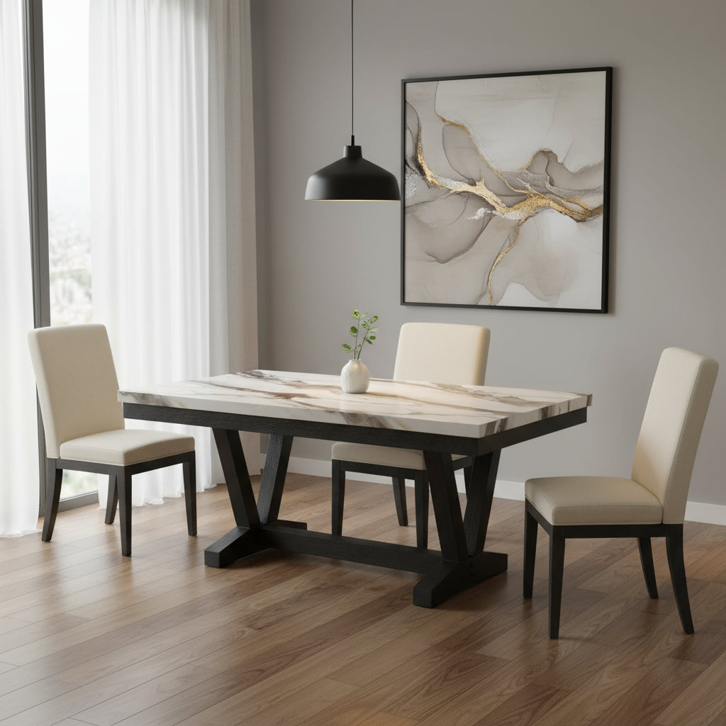 72 White and Black Faux Marble and Wood Trestle Base Dining Table